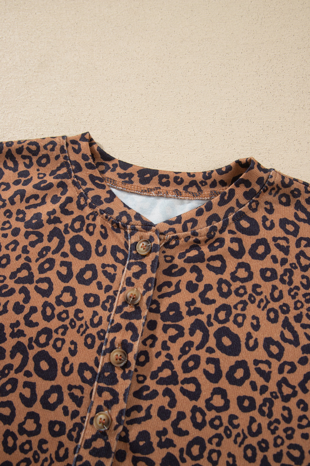 Brown Leopard Print Long Sleeve Henley Top Elastic Waist Shorts 2pcs Outfit