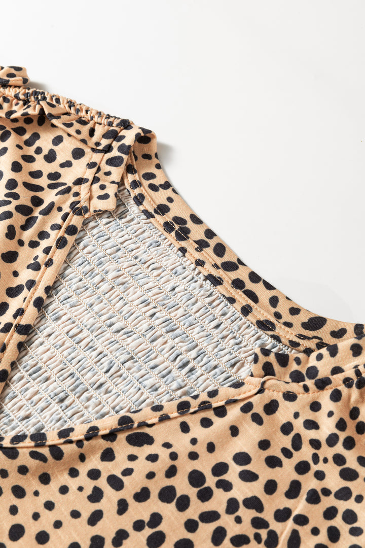 Apricot Cheeath Print Frilled V Neck Shirred Detail Short Sleeve Blouse