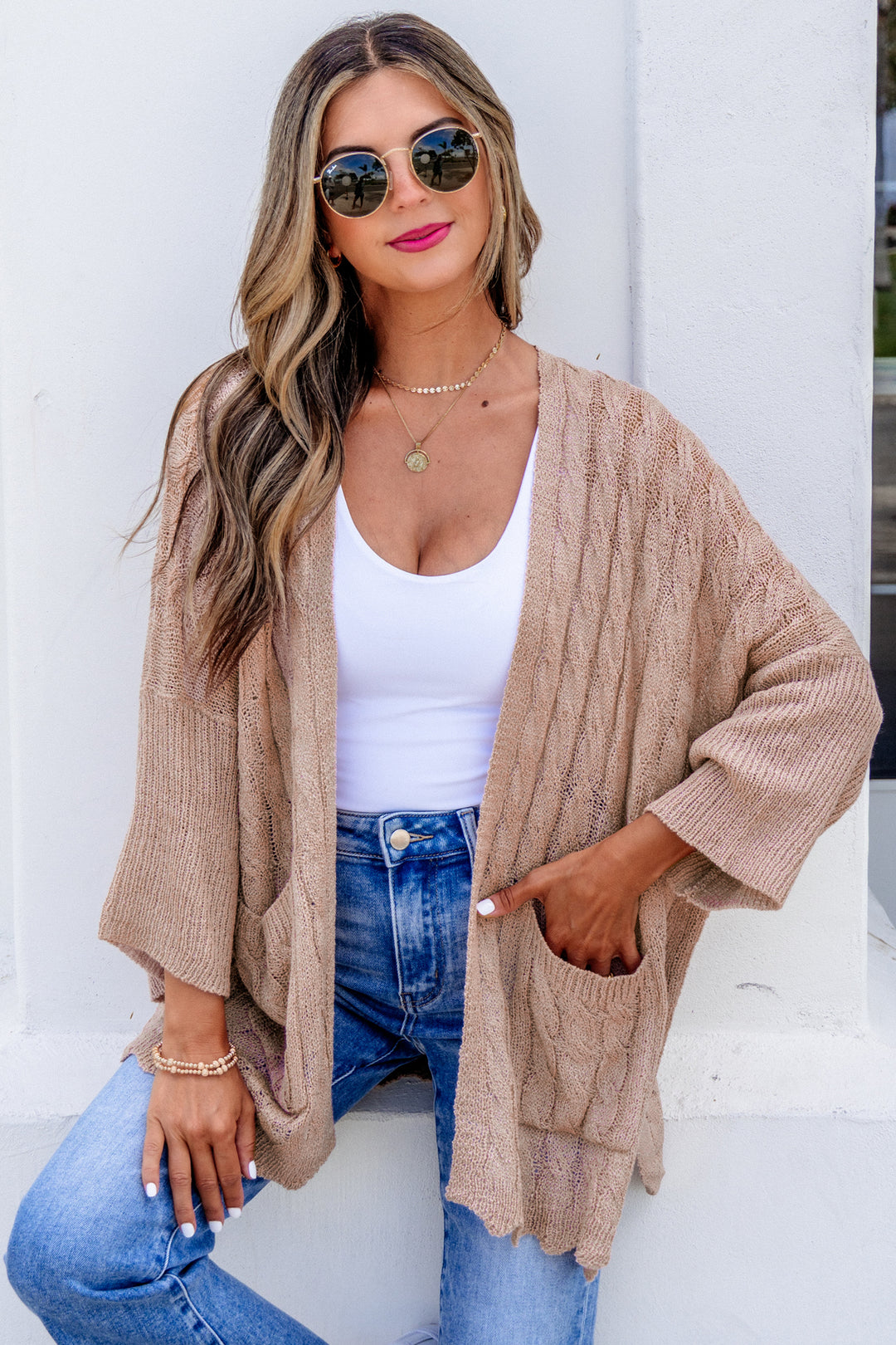 Old Rose Hollowed Pattern Knit Drop Shoulder Open Sweater Cardigan