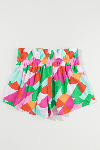 Green Abstract Print Smock Waist Casual Shorts