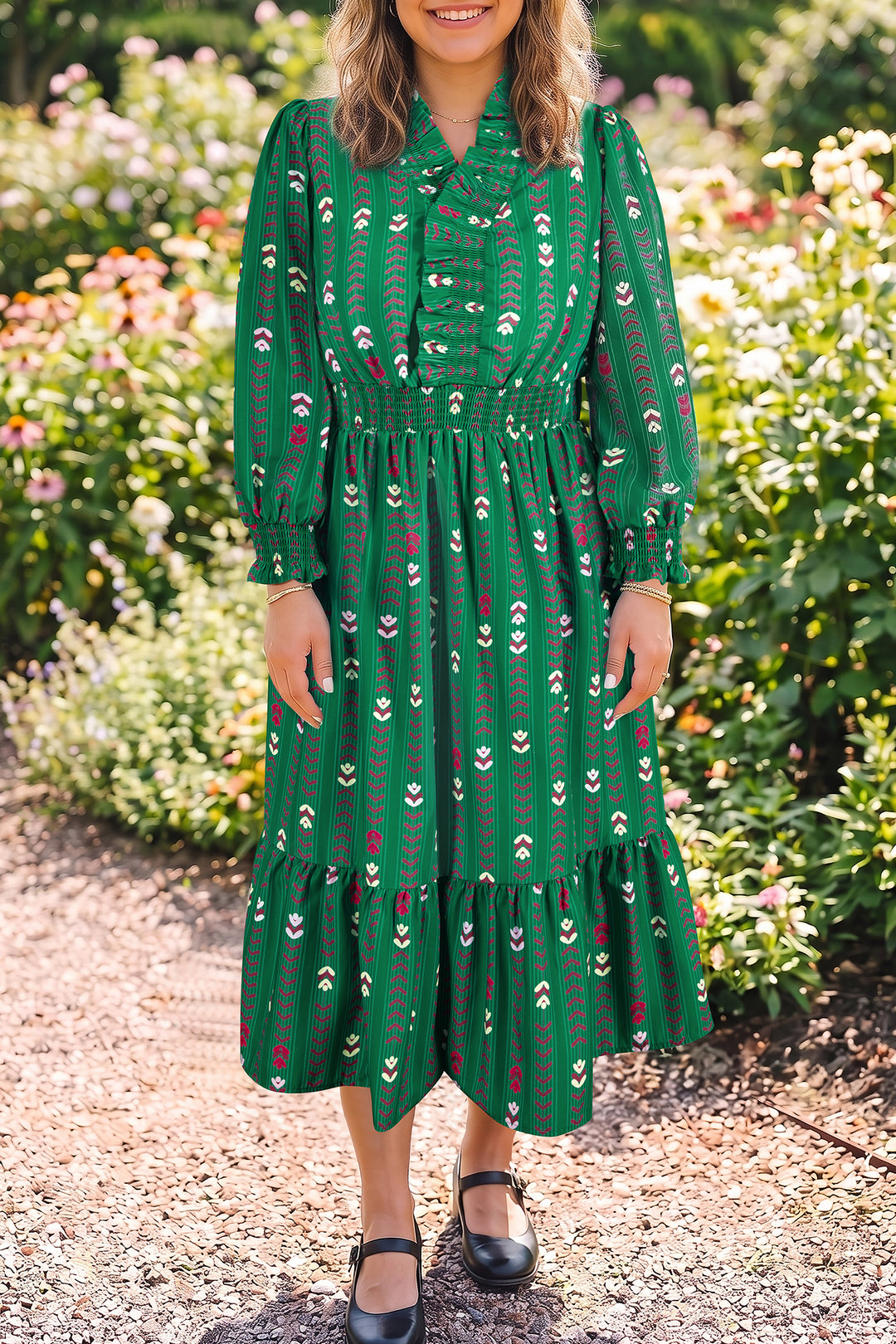Green Floral Print V Neck Long Sleeve Shift Plus Size Dress