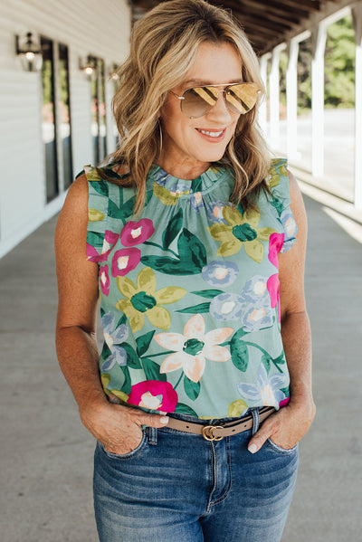 Green Floral Print Ruffle Trim Tank Top