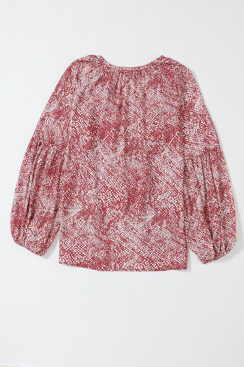 Fiery Red Pleated Lantern Sleeve Abstract Print Blouse