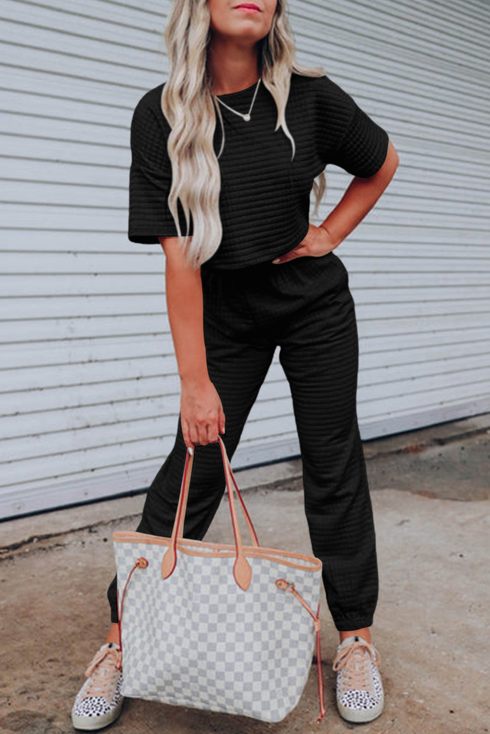 Rose Red Lattice Textured Cropped Tee and Jogger Pants Set