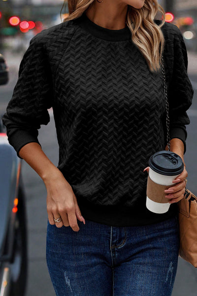 Black Solid Textured Raglan Sleeve Pullover Sweatshirt