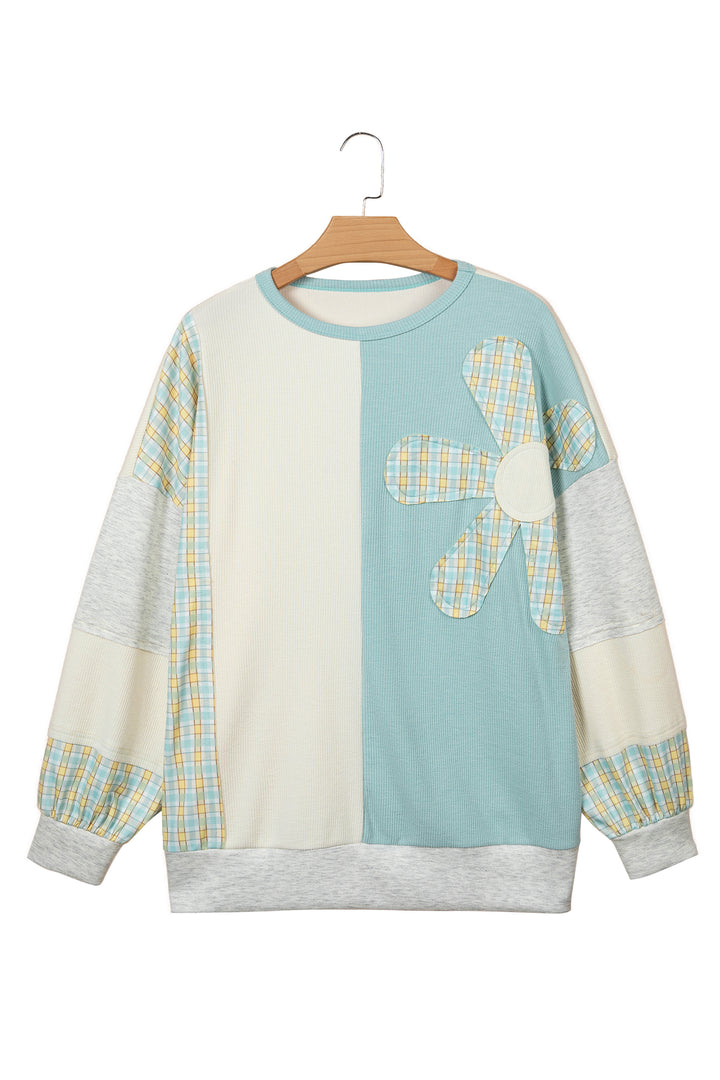 Light Blue Plaid Patchwork Round Neck Long Sleeve Top