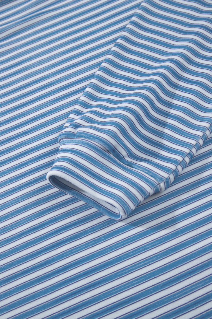 Sky Blue Stripe Long Sleeve Oversized Top Pocketed Casual Shorts Two Piece Set