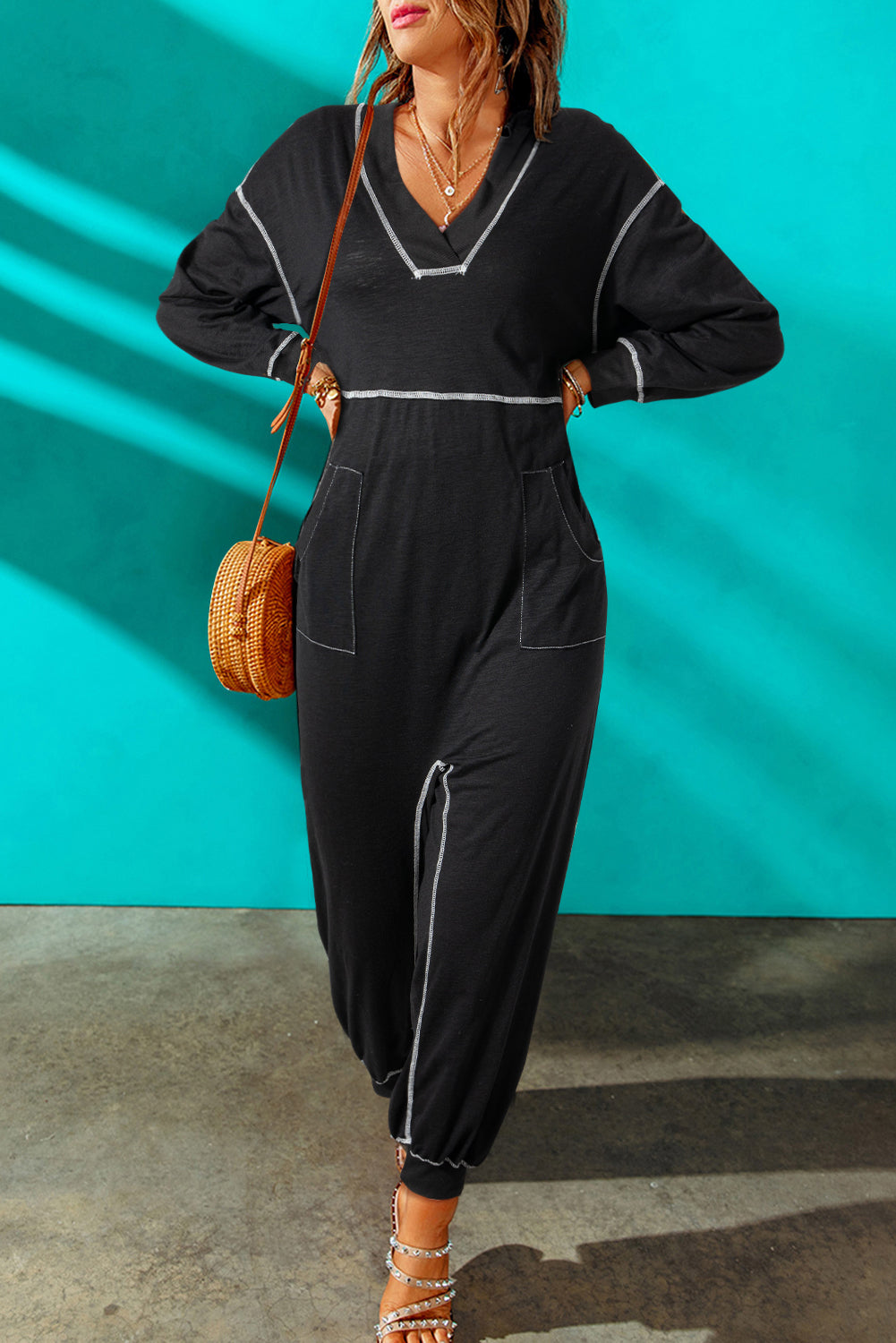 Black Flatlock Seam Detail V Neck Baggy Jumpsuit