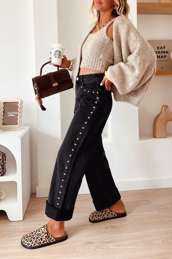 Black Studded Detail Straight Leg Casual Loose Jeans