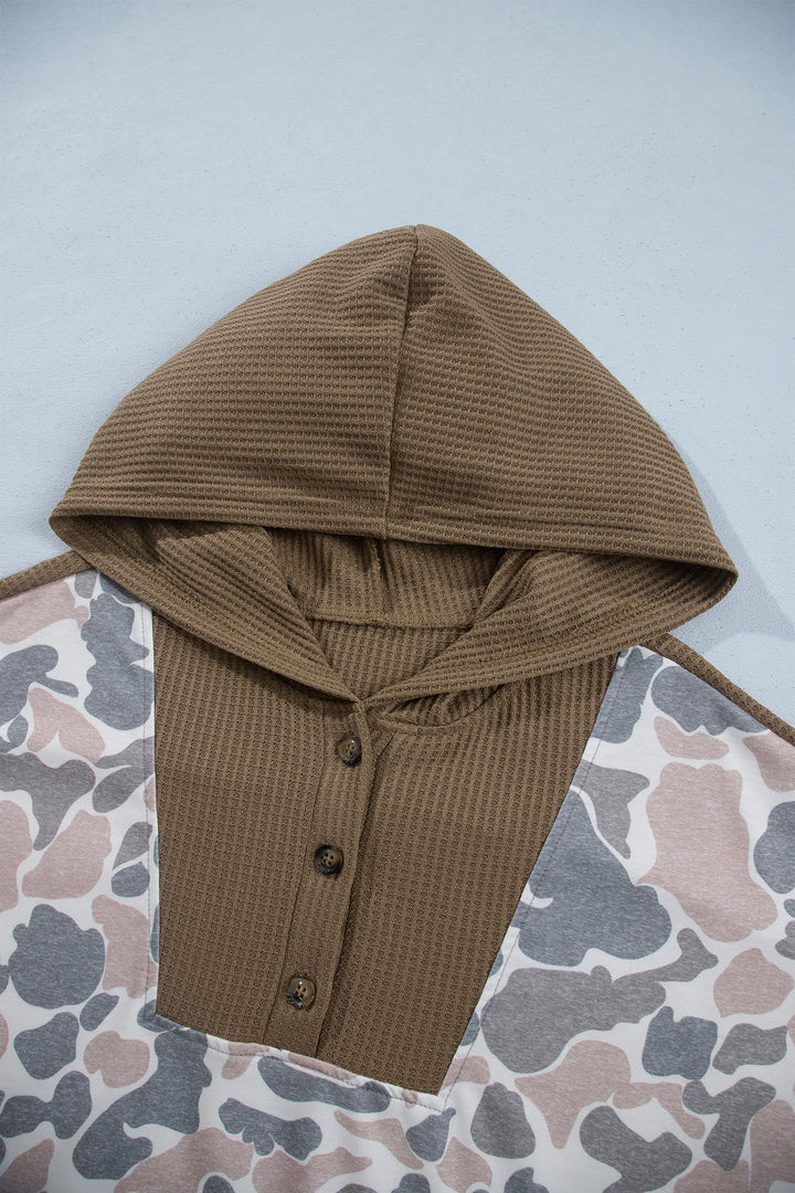 Khaki Camouflage Print Waffle Knit Patchwork Half Zip Plus Size Hoodie