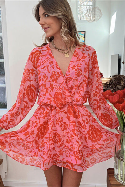 Fiery Red Floral Ruffle Layered Puff Sleeve Surplice Dress