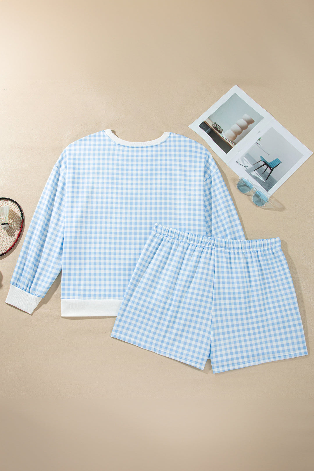 Sky Blue Gingham Loose Pullover Top Drawstring Shorts Plus Size Set
