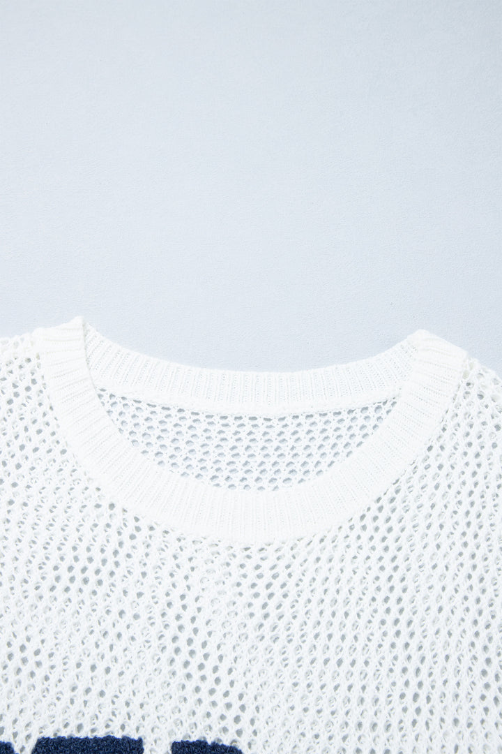 White Chenille BEACH Lettering Hollow Out Knit Casual Sweater