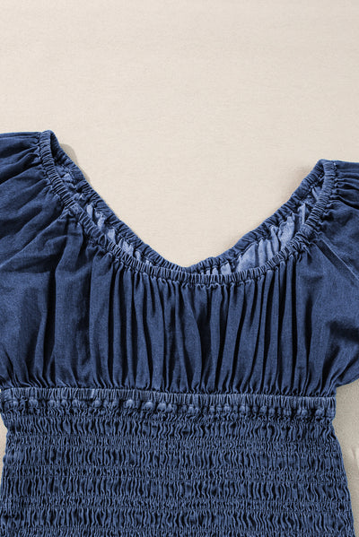 Dark Blue Smocked Ruffled Puff Sleeve V Neck Denim Blouse