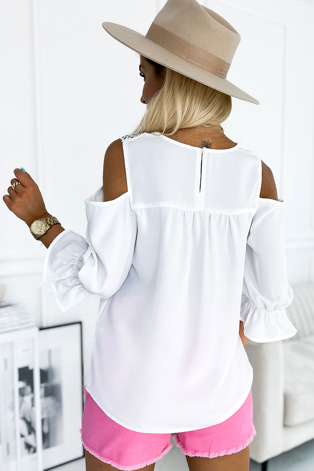 White Lace Patchwork Cold Shoulder 3/4 Sleeve Blouse