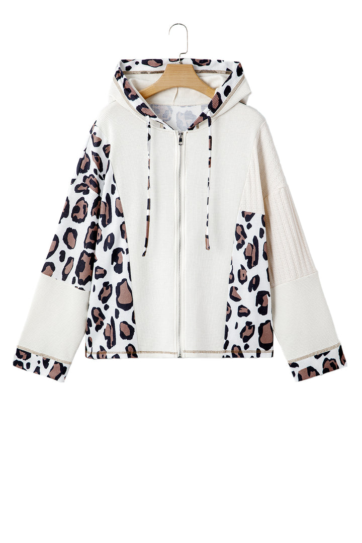 Apricot Oversized Leopard Contrast Mixed Texture Patchwork Zip Up Drop Shoulder Hoodie