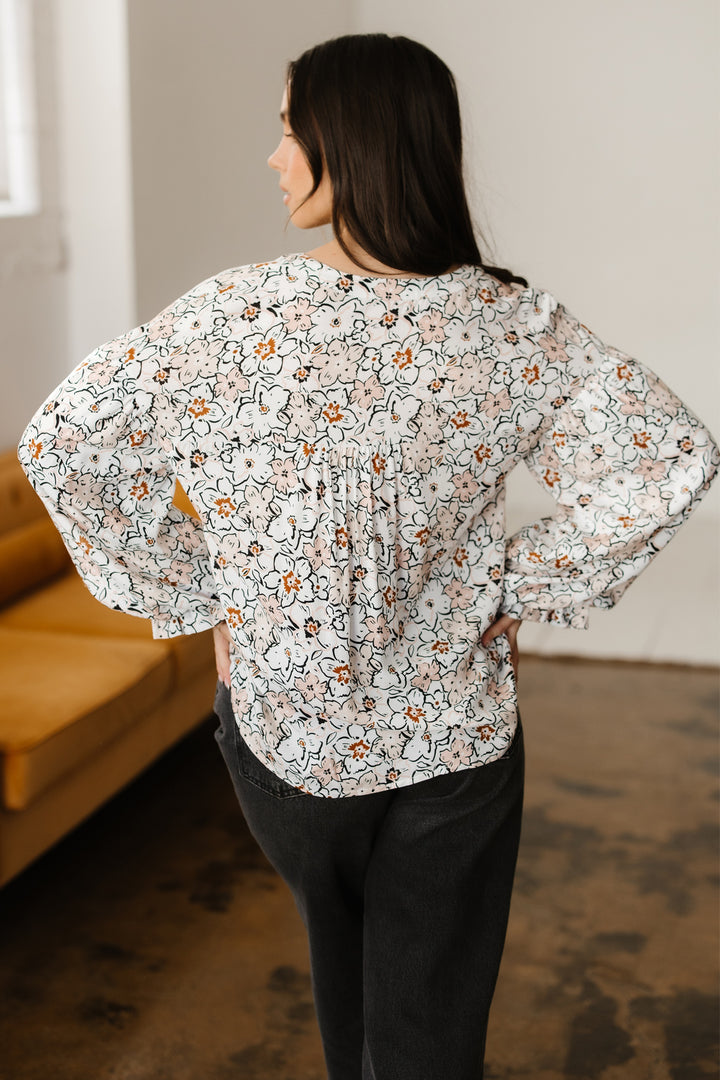Khaki Bold Floral Print Frilled Puff Sleeve Button Down Shirt