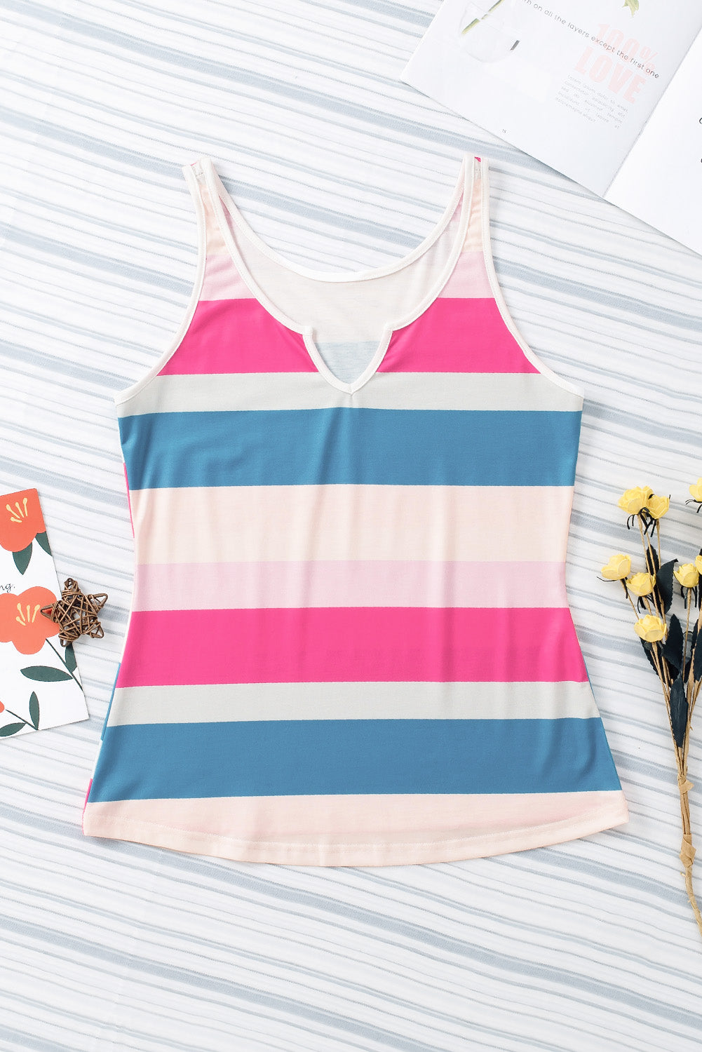 Rose Striped Color Block Notched Neck Tank Top