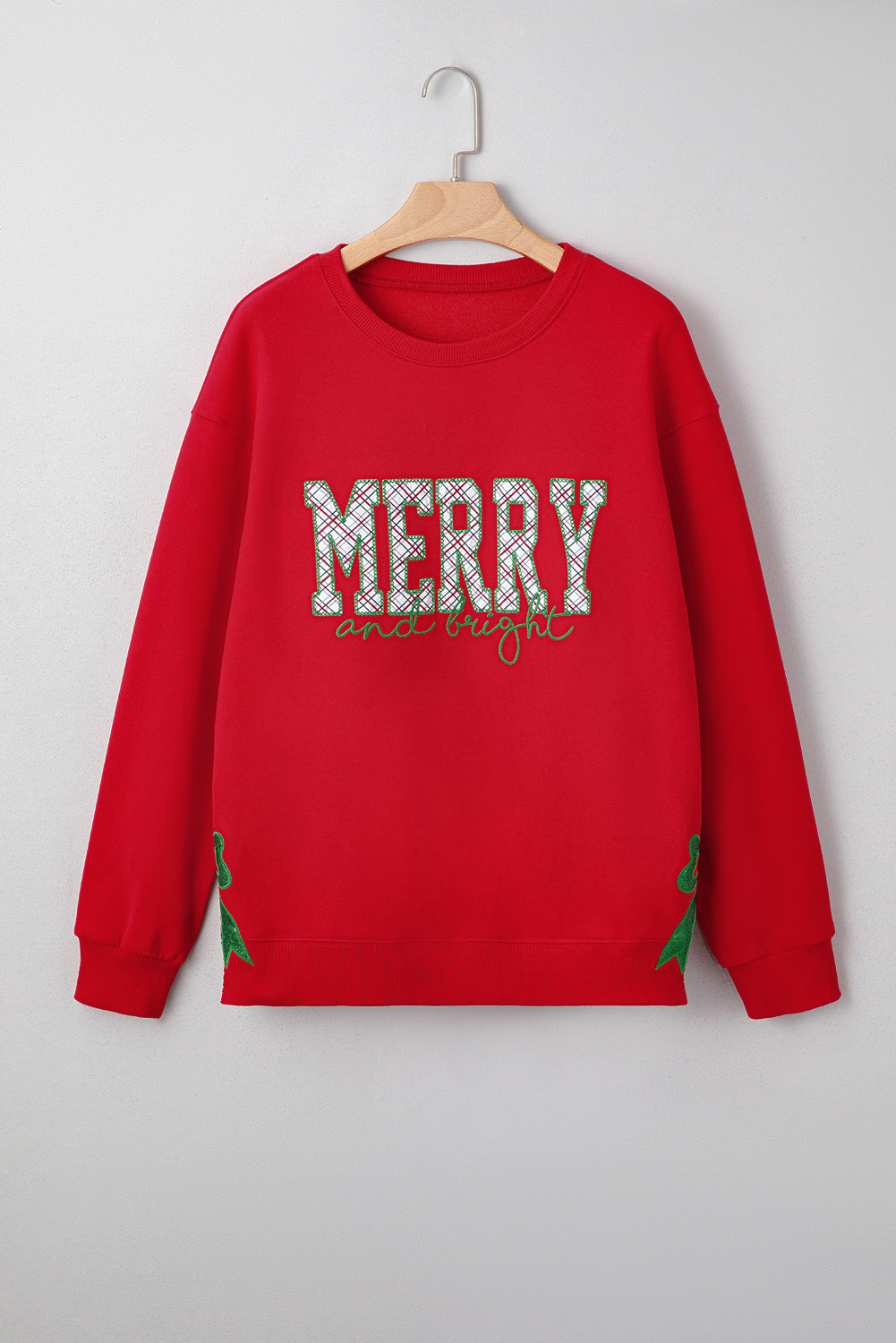 Fiery Red Merry and Bright Plaid Embroidered Letter Graphic Sequin Bow Decor Christmas Sweatshirt