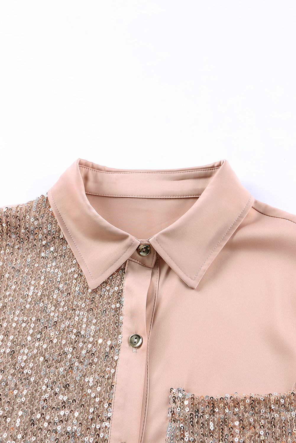 Khaki Sequin Splicing Pocket Buttoned Shirt Dress