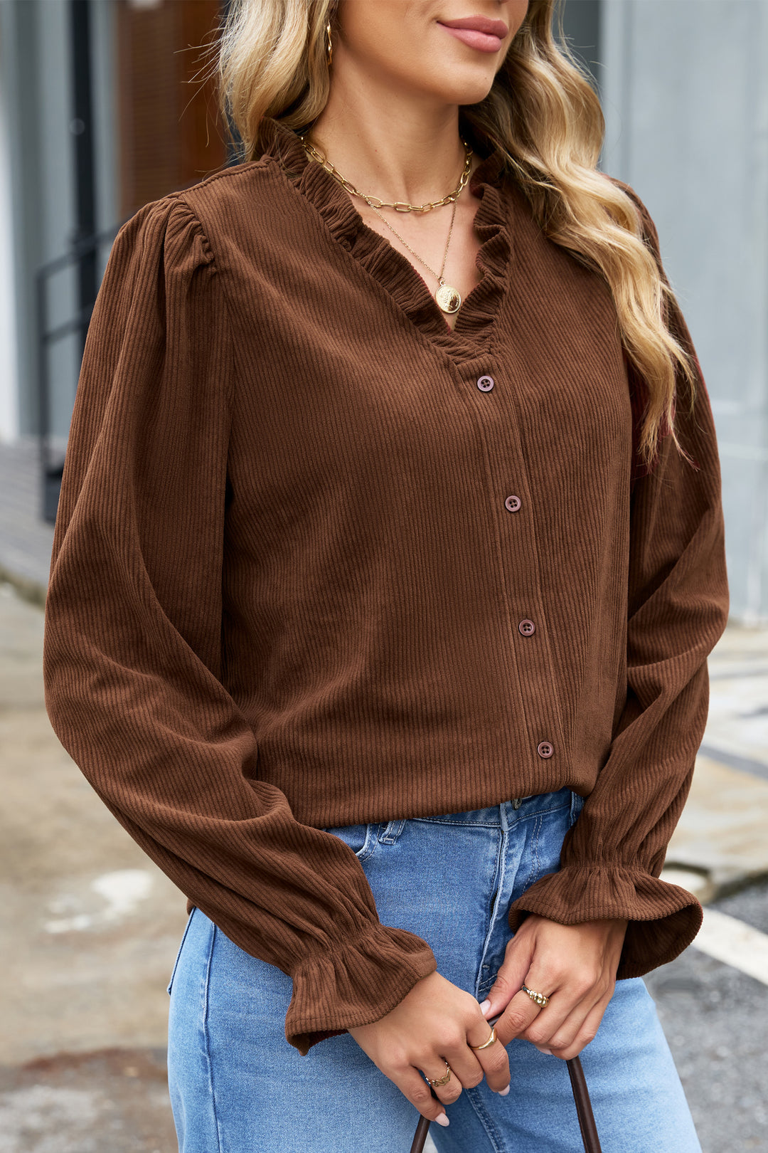 Coffee Solid Color Ruffle Trim V Neck Long Sleeve Button Corduroy Shakcet