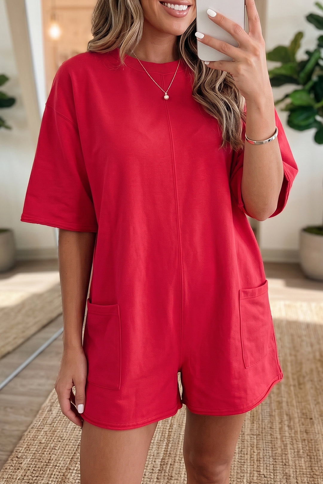 Bright Green Solid Color Raw Edge Half Sleeve Pocketed Loose Romper