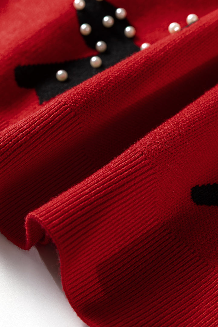 Blackish Green Pearl Embellished Bow Pattern Loose Sweater