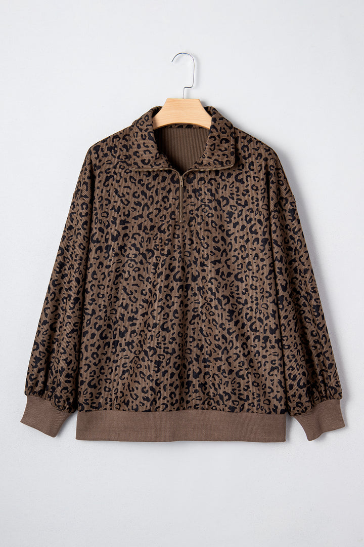 Brown Leopard Print Quarter Zip Corduroy Sweatshirt
