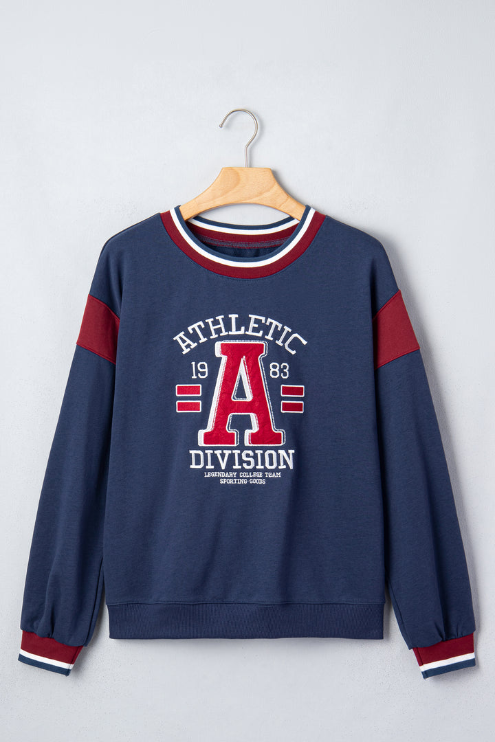 Sail Blue Patchwork Round Neck Long Sleeve Sweatshirt