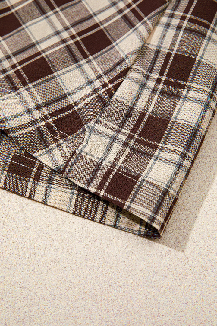 Brown Plaid Long Sleeve Short Shift Mini Dress