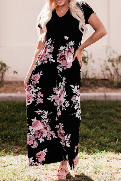 Black Contrast Floral Empire Waist Maxi Dress