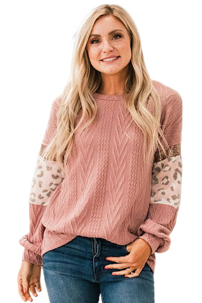 Pink Leopard Sequin Splicing Sleeves Textured Knit Top