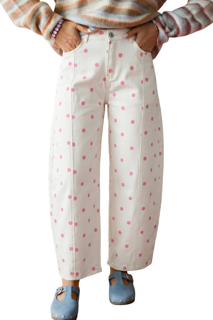 Pink Polka Dot Print Seam Detail Barrel Jeans