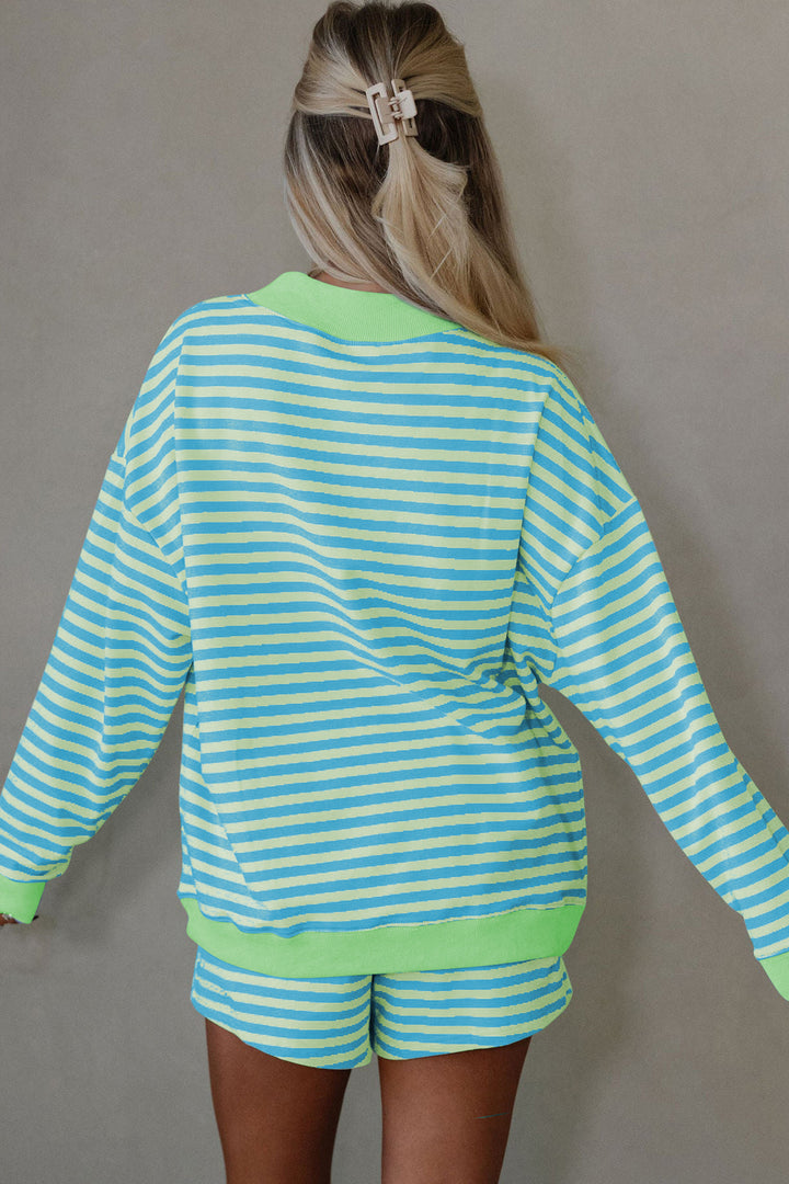 Pink Stripe Color Block Detail Long Sleeve Pullover Elastic Waist Pull On Shorts 2pcs Set