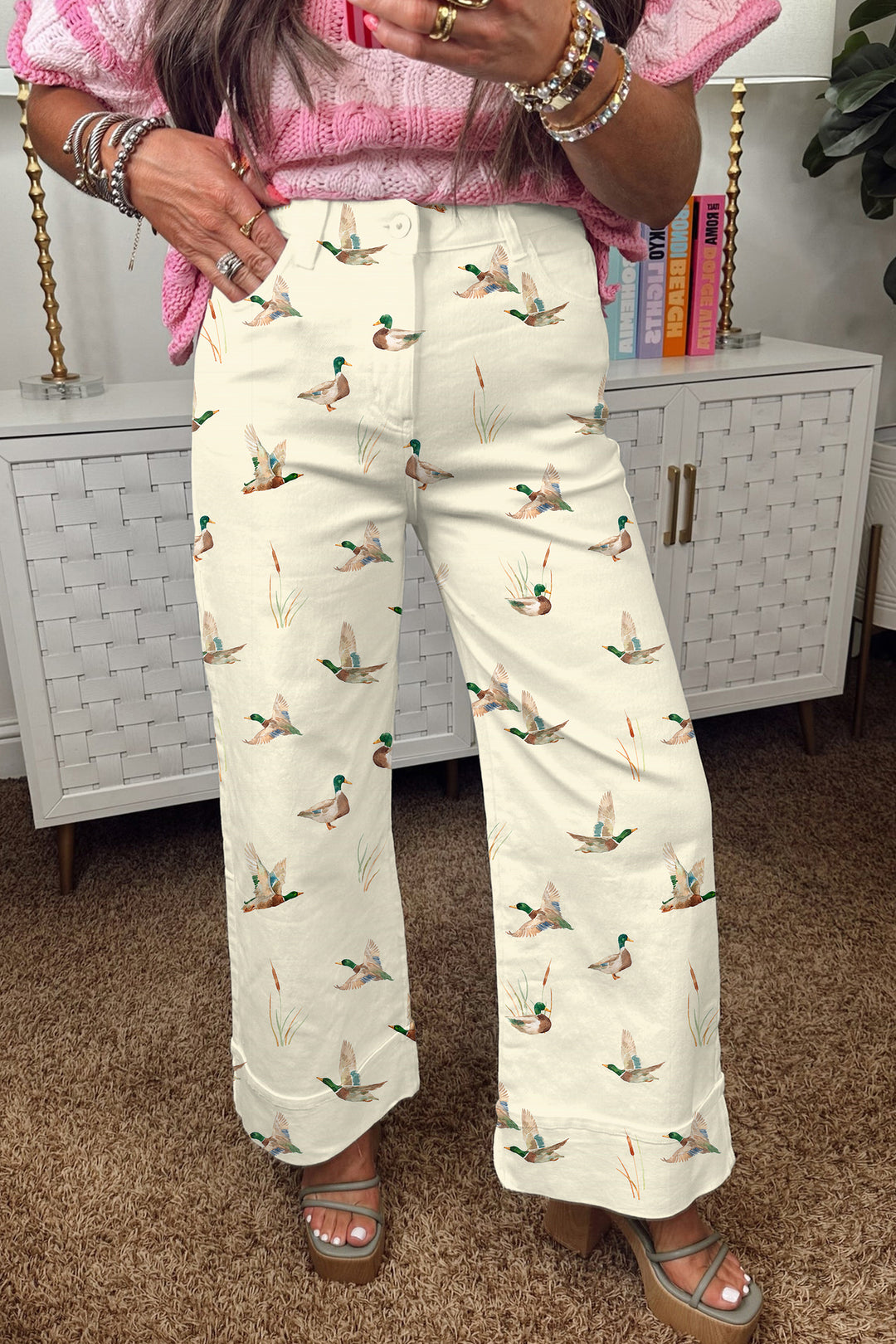 Beige Stylish Mallard Printed Cuffed Hem Shift Jeans