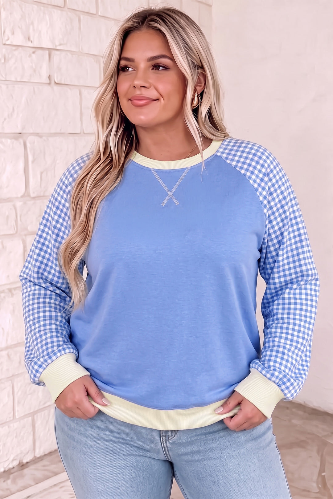 Light Blue Plaid Sleeve Ribbed Colorblock Trim Plus Size Sweatshirt