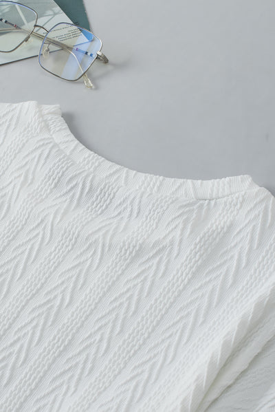 White Round Neck Drop Shoulder Textured Knit Top