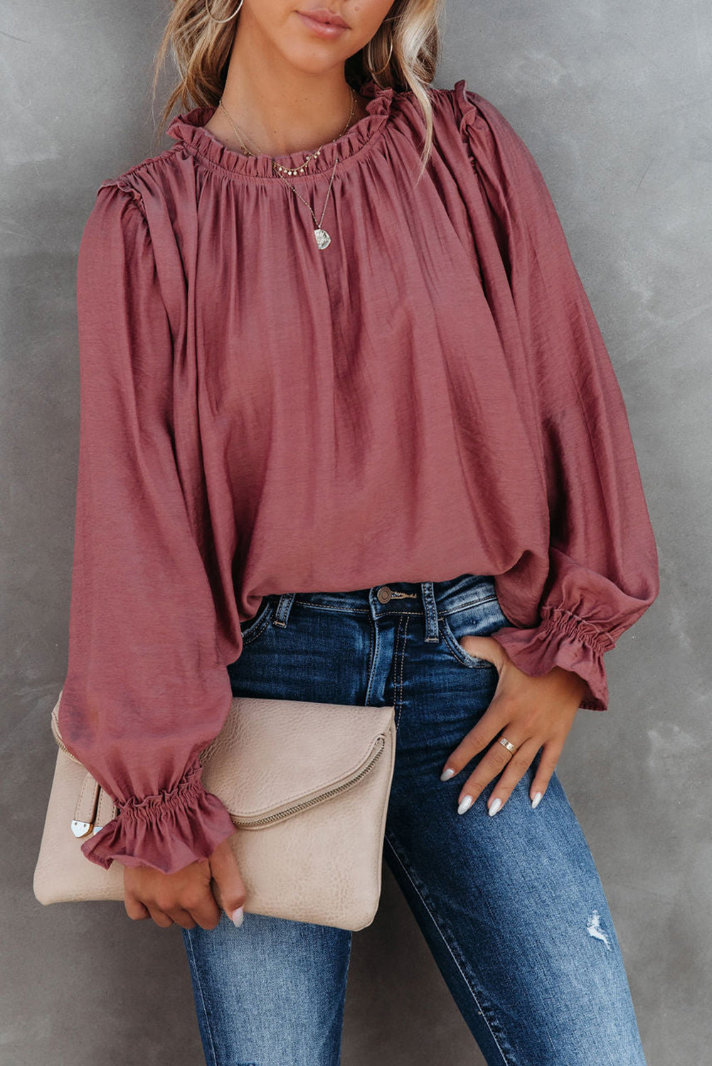 Red Frilled Neck Ruffled Long Sleeve Blouse