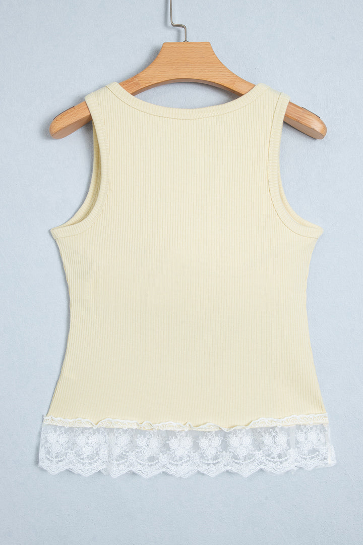 Beige Ribbed Knit Sweet Lace Hem Vest