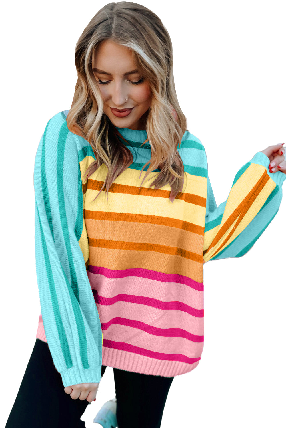 Yellow Stripe Gradient Striped Ribbed Edge Loose Sweater