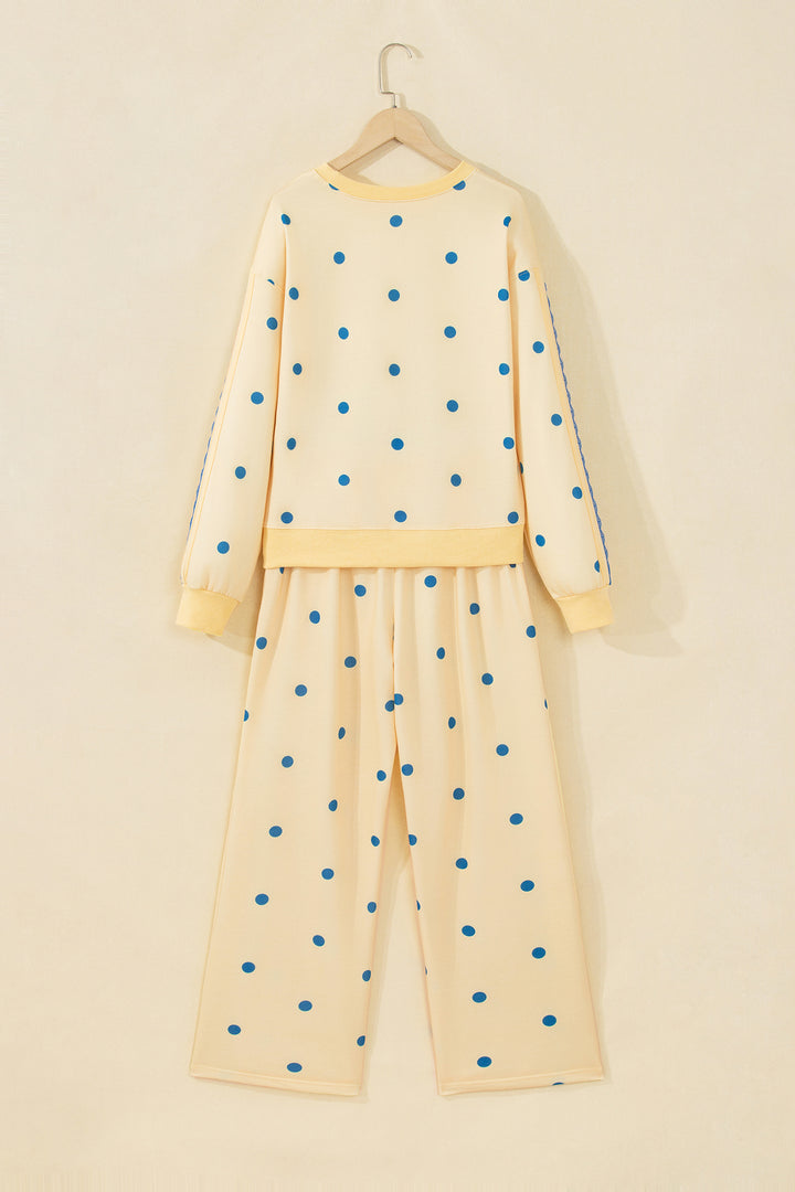 Yellow Polka Dot Long Sleeve Top Patchwork Detail Loose Pant Set