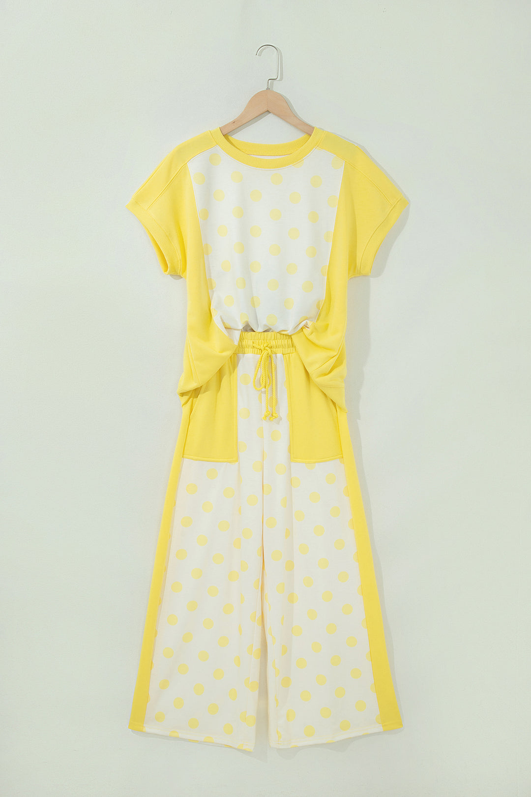 Pink Color Block Patchwork Polka Dot Wide Leg Pant Set