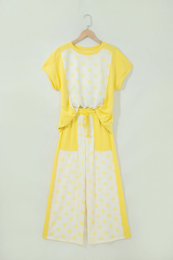 Pink Color Block Patchwork Polka Dot Wide Leg Pant Set