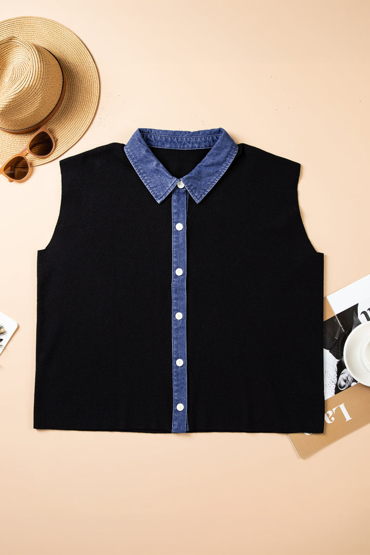 Black Plus Size Sleeveless Patchwork Colorblock V Neck Tunic Top Cardigan