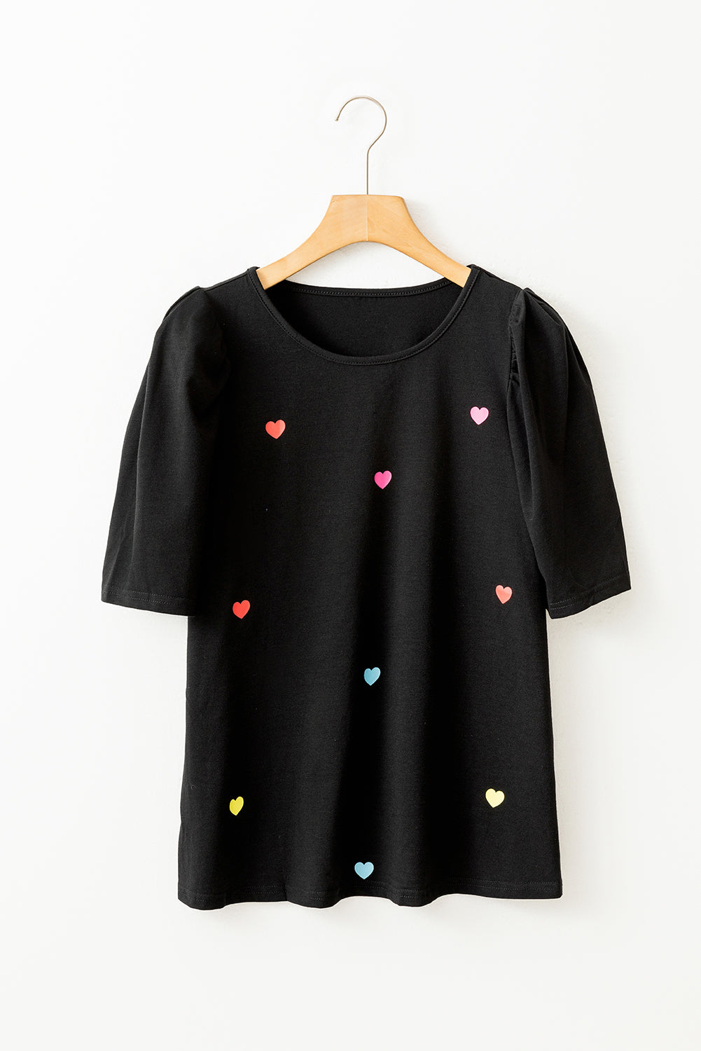 Pink Heart Shape Print Short Puff Sleeve Top