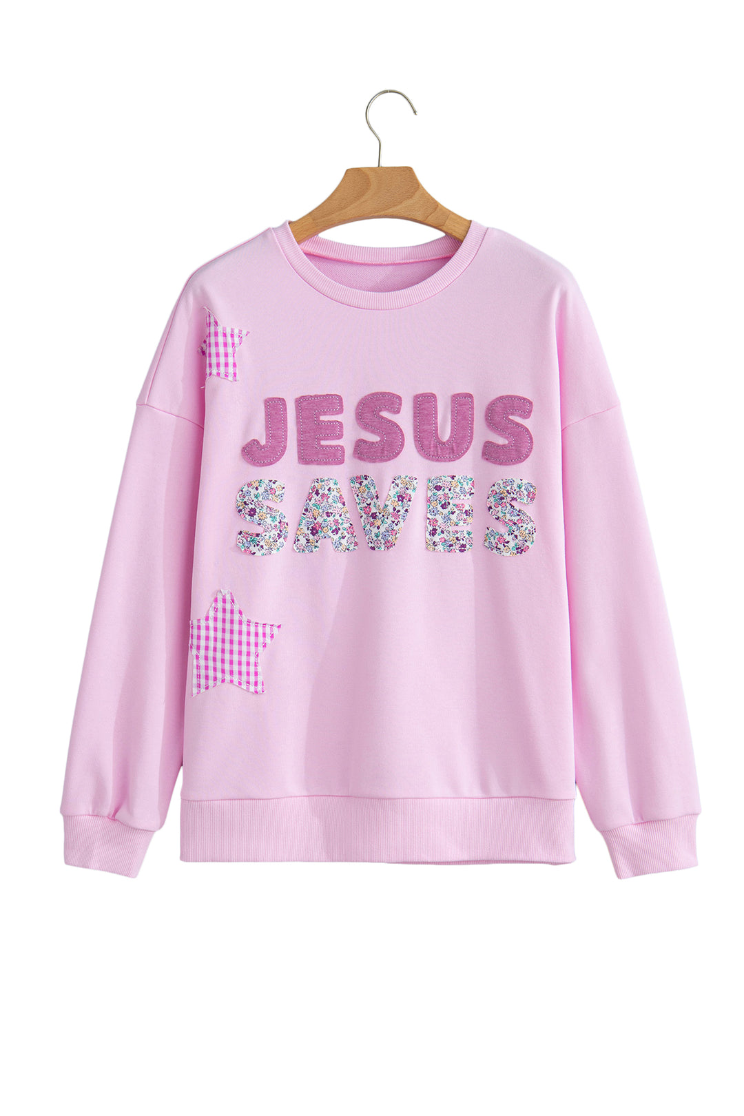 Pink JESUS SAVES Gingham Star Patchwork Detail Plus Size Sweatshirt