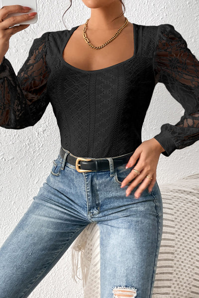 Black Frenchy Contrast Lace Bishop Sleeve Bodysuit