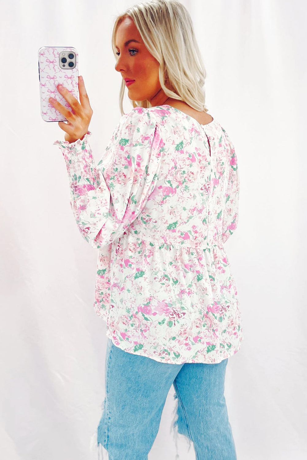 Pink Floral Print Shirred Balloon Sleeve Keyhole Back Babydoll Blouse