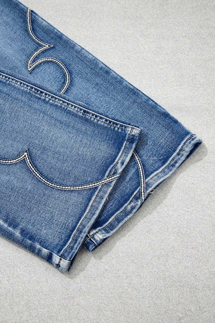 Blue Western Embroidered Flare Full Length Jeans