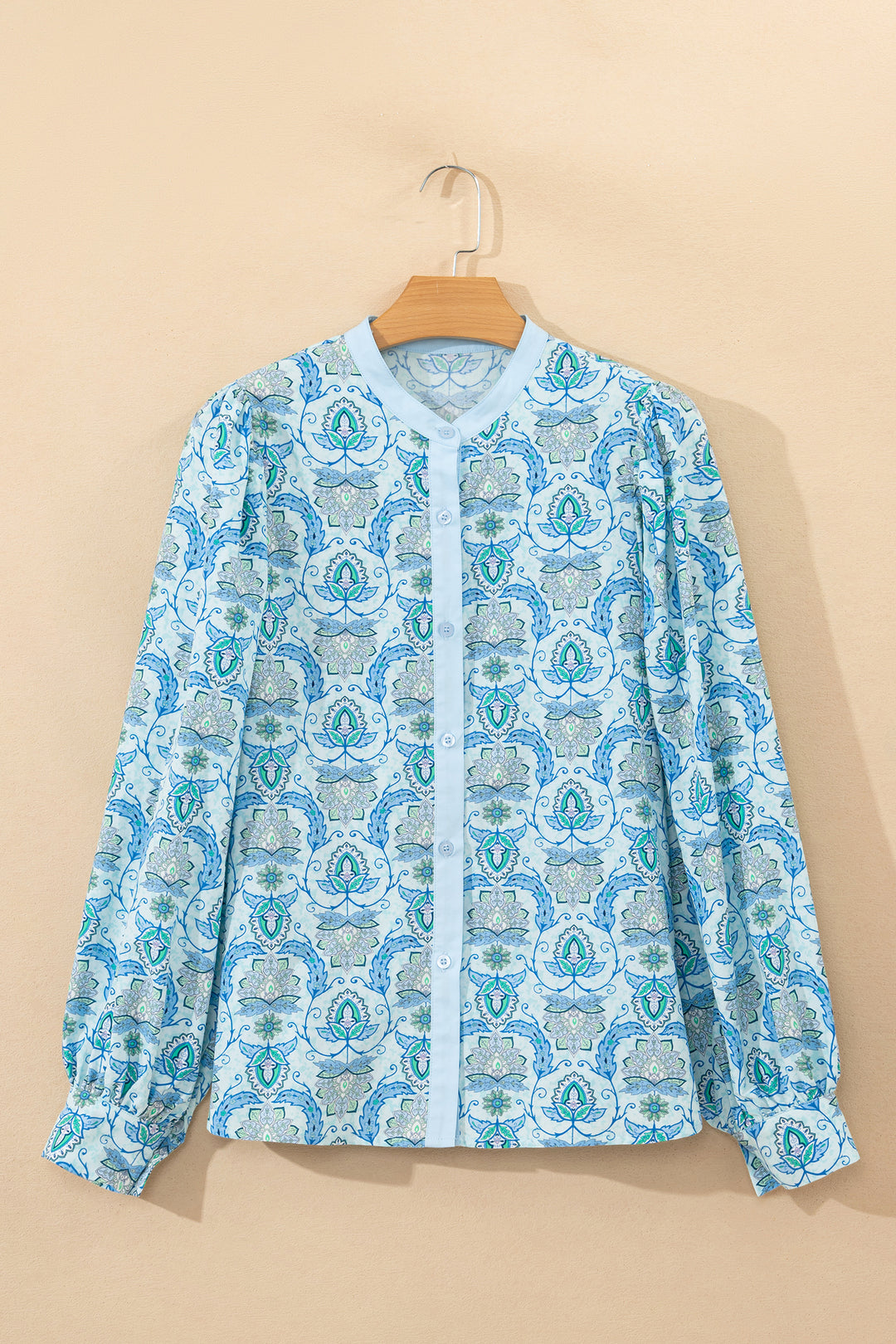 Sky Blue Paisley Print Puff Sleeve Loose Shirt